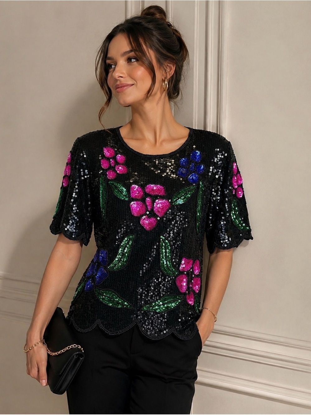 Stenay 100% Silk Beaded Sequin Floral Blouse Black M Vintage Evening Top